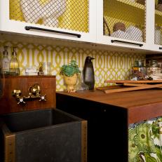 Cottage Laundry Room With Yellow Trellis Wallpaper