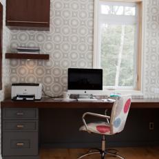 Straight Lines in Home Office Cabinetry Mix With Circular Wallpaper