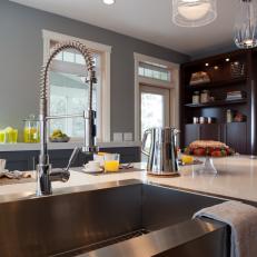 Apron Front Sink and Industrial Faucet With Quartz Countertop