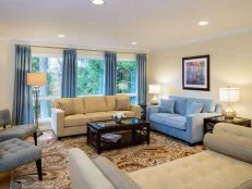 Traditional Cream Living Room With Blue Accent Colors 