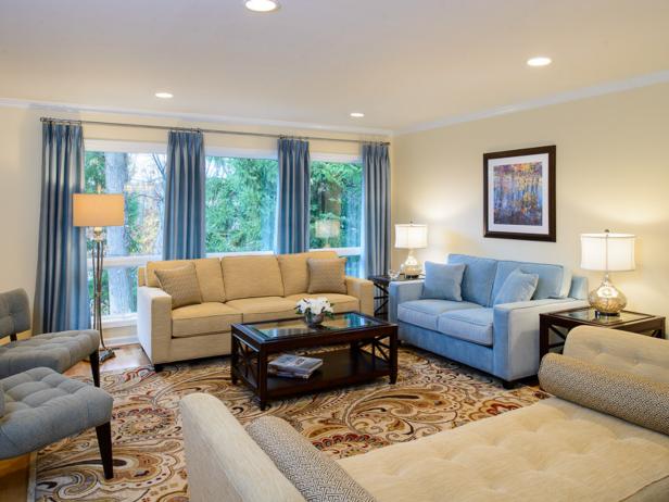 Traditional Cream Living Room With Blue Accent Colors 