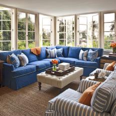 Blue and White Family Room Evokes Cape Cod Style