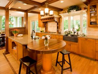 Wood Kitchen With Coffered Ceiling and Dining Table 