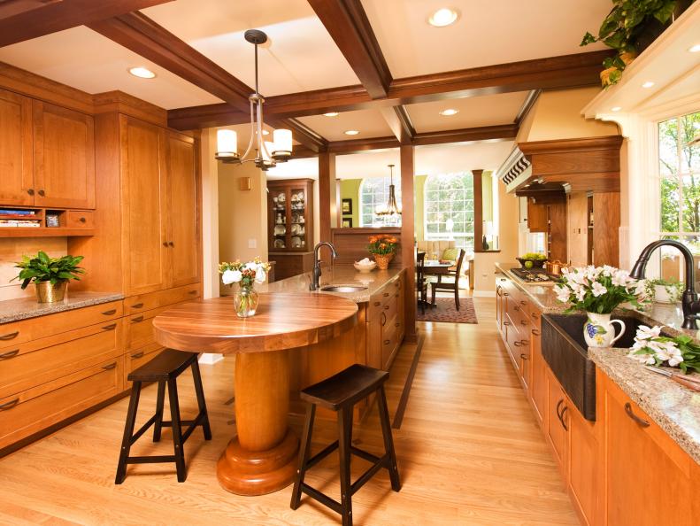 Kitchen With Wood Accents and Coffered Ceilings 