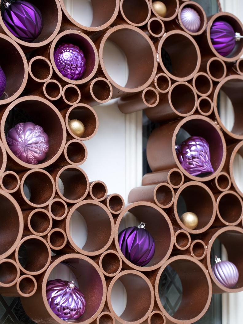 Wreath made from PVC pipes with ornaments