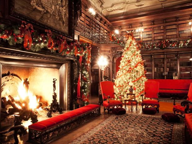 Biltmore House Library With Christmas Tree and Fire | HGTV