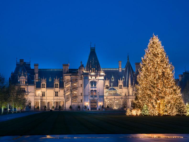 Biltmore House Entrance and Decorated Norway Spruce at Night
