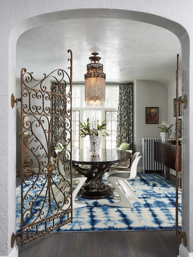 Eclectic White Dining Room With Blue Tie-Dye Rug