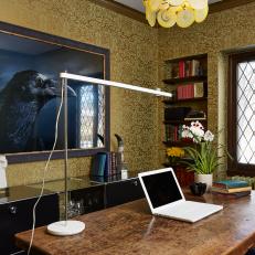 Gold Wallpaper Gleams in Eclectic Home Office