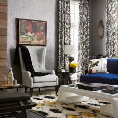 Eclectic Living Room in Gray, White and Yellow