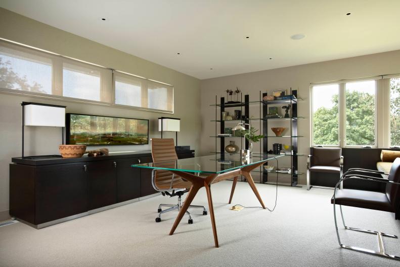 Contemporary Neutral Home Office With Midcentury Modern Desk