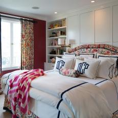 Bold Red Traditional Bedroom With Floral Curtains