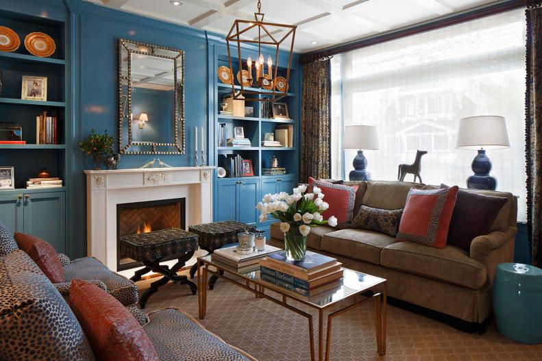 Blue Traditional Living Room With Brown, Neutral & Orange Accents