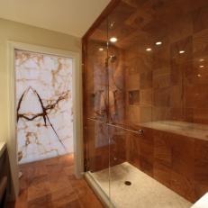 Brown Spa Shower With Glass Door and Bench
