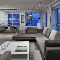 Gray Urban Modern Living Room With Arc Lamp