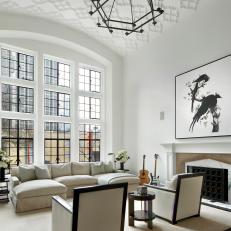 Contemporary White Living Room With Bird Art