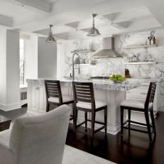 White Transitional Open Plan Kitchen With Coffered Ceiling