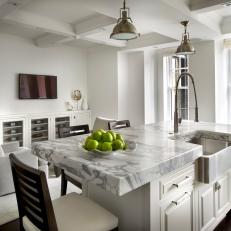 White Transitional Kitchen With Industrial Pendant Lights