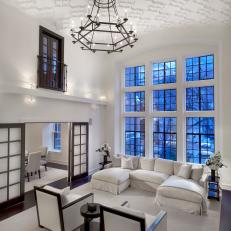 White Contemporary Loft Living Room and Iron Chandelier