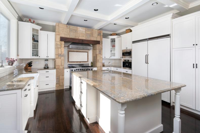 White Kitchen With Natural Wood and Stone & White Cabinets