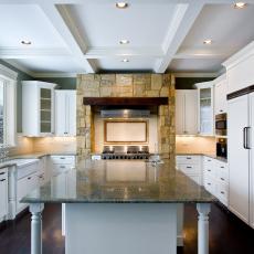 Traditional Kitchen Features Crisp White Cabinetry & Island