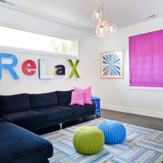 Multicolored Modern Living Room With Pink Art