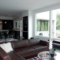 Brown Leather Sectional and Kitchen View