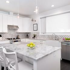 White Transitional Kitchen With Gray Diamond Backsplash