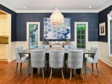 Dining Room with Blue Grasscloth and Wainscoting