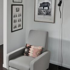 Monochromatic Reading Nook With Framed Artwork 
