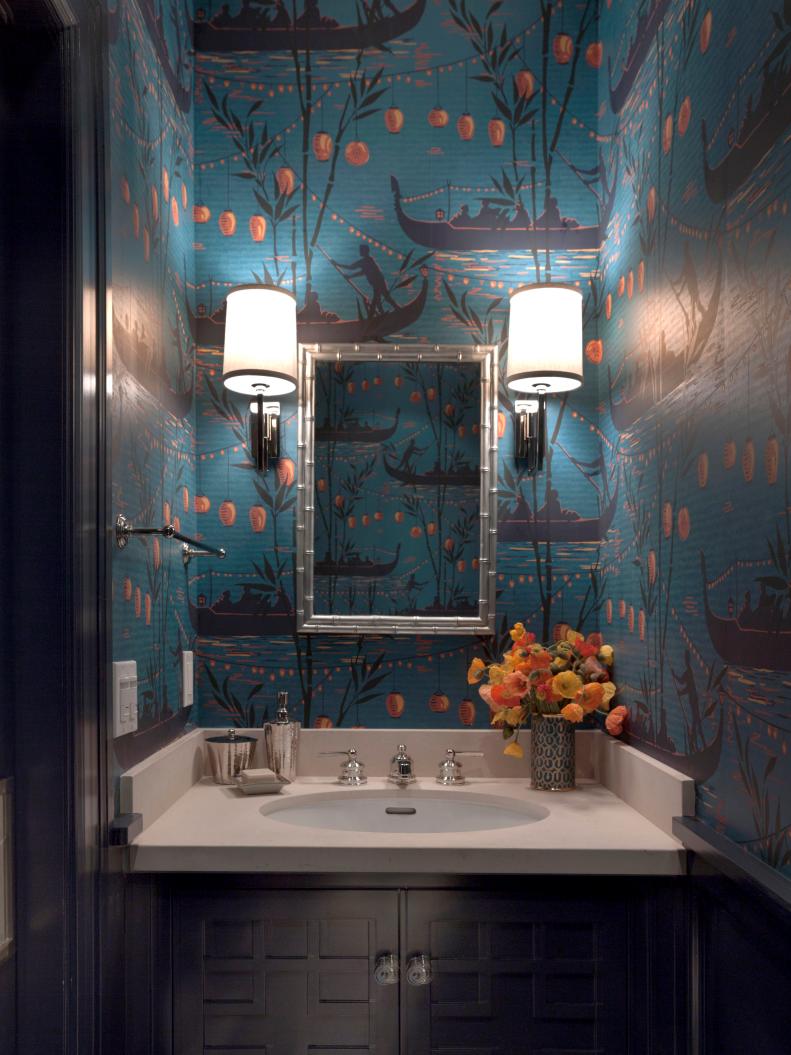 Small Bathroom With Bold Asian-Inspired Wallpaper, Sconces