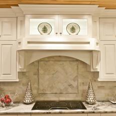 Crisp White Kitchen Cabinets With Marble Tile Backsplash