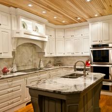 Gray and White Kitchen With Natural Wood Plank Ceiling