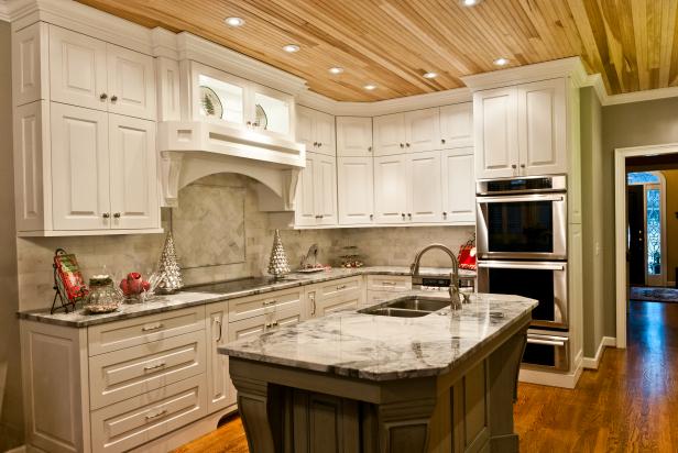 Gray And White Kitchen With Natural Wood Plank Ceiling Hgtv