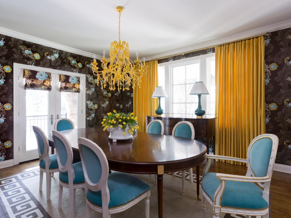 Black Contemporary Dining Room With Yellow Chandelier Hgtv