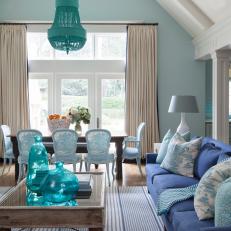 Blue and White Transitional Living and Dining Areas