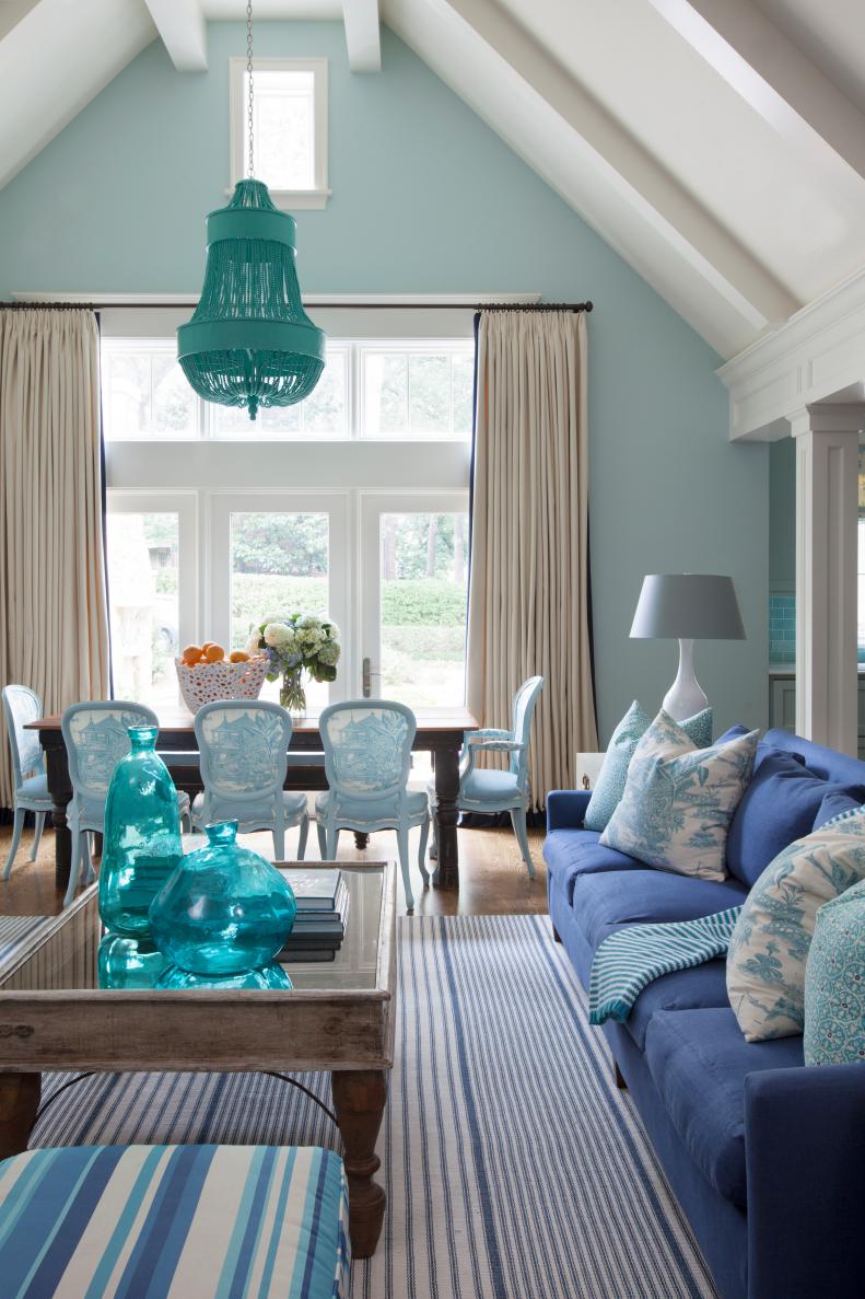 Blue and White Transitional Living and Dining Areas