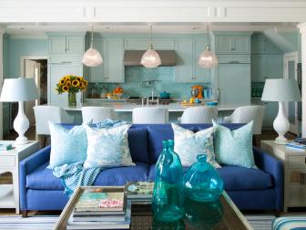 Transitional Open Plan Living Area With Blue Sofa