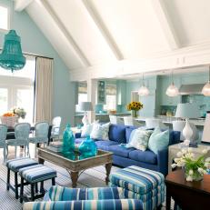 Open Plan Transitional Living Area With Blue Sofa