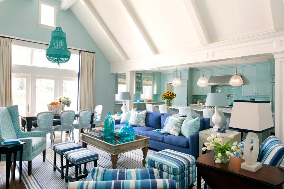 Open-Plan Transitional Living Area With Blue Sofa