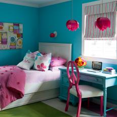 Blue Transitional Girl's Bedroom With Pink Pendant Lights
