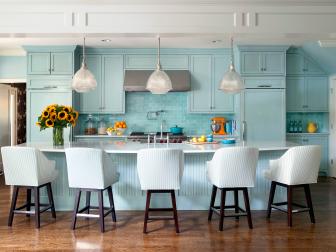 Light Blue Transitional Kitchen With Large Island and Pendant Lights