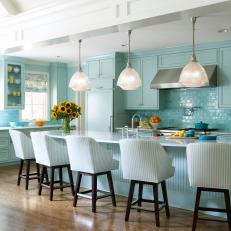 Blue Transitional Kitchen With Sunflowers