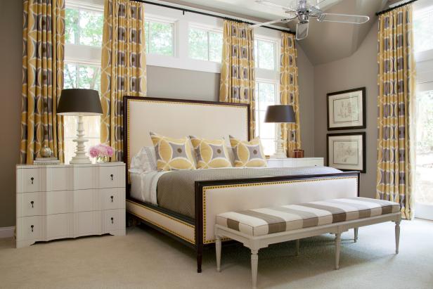 Gray And White Contemporary Bedroom With Yellow Curtains Hgtv