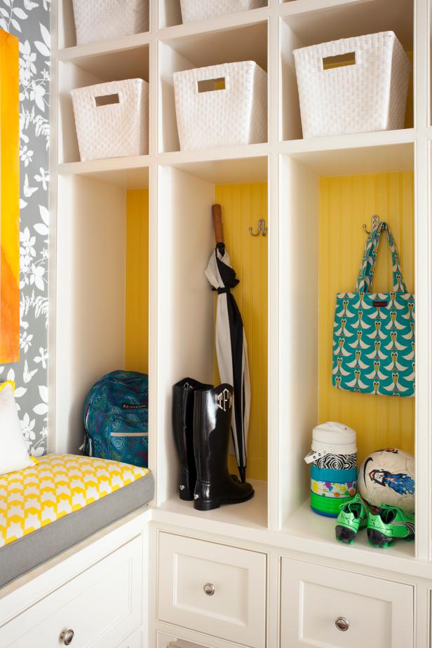 Yellow and White Contemporary Mudroom 