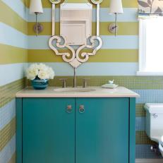Blue and Green Striped Transitional Bathroom With Mirror