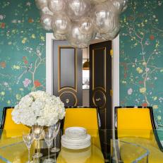 Modern Dining Room With Green Floral Wallpaper