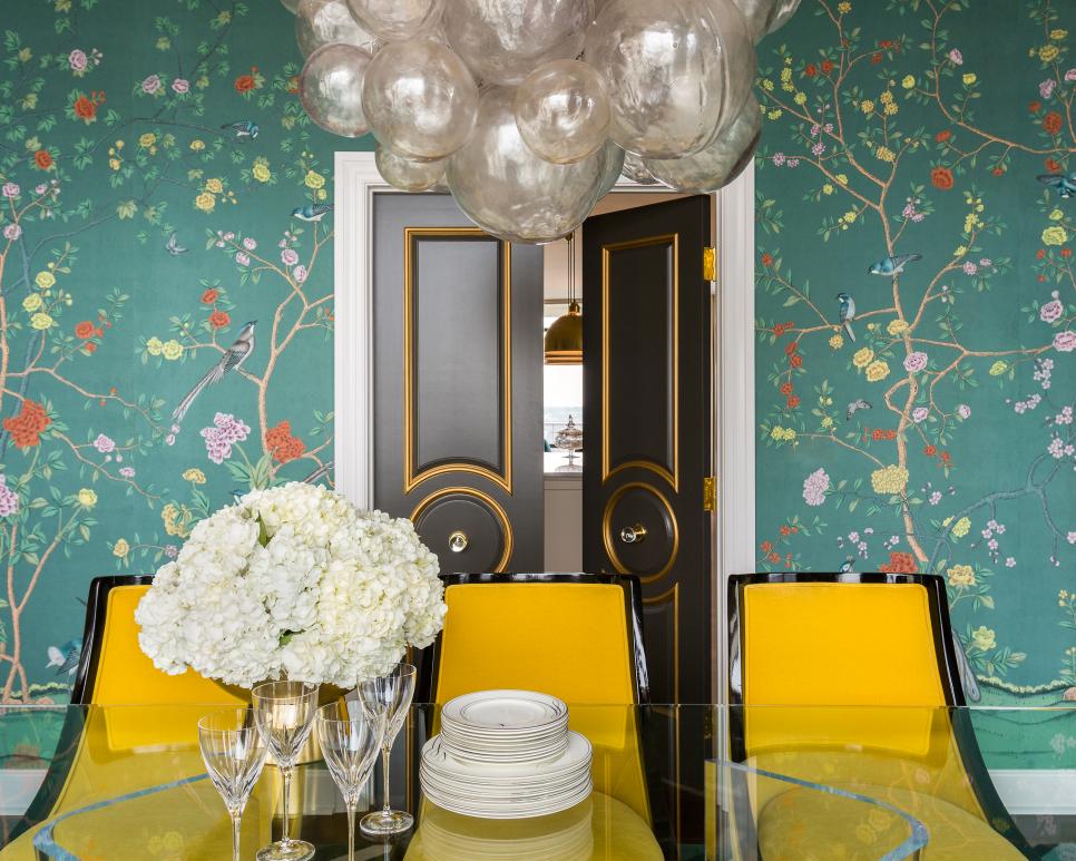 Modern Dining Room With Green Floral Wallpaper | HGTV