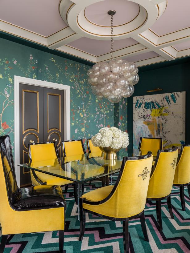 Multicolored Eclectic Dining Room With Bright Yellow Dining Chairs