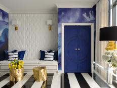 Blue and White Eclectic Entry With Striped Floors